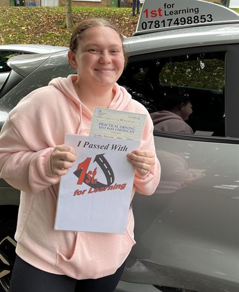 Ashleigh was tickled pink with her lovely first time pass with 1st for Learning Driving School.
Now it’s off to change her car insurance from learner to full licence holder.
Enjoy your new freedom and independence, see you out on the streets.
Alan